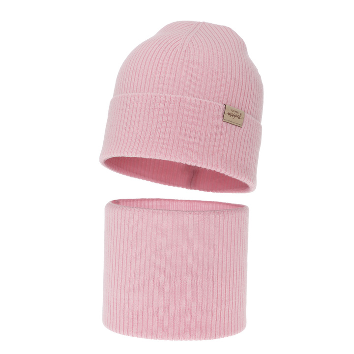 Есенен/пролетен комплект за момиче: шапка и тръбен шал, розов, 100% Extrafine Merino, Magenta