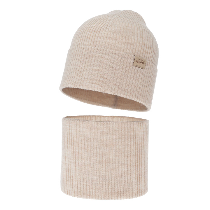 Есенен/пролетен комплект за момиче: шапка и тръбен шал, кремов, 100% Extrafine Merino, Magenta