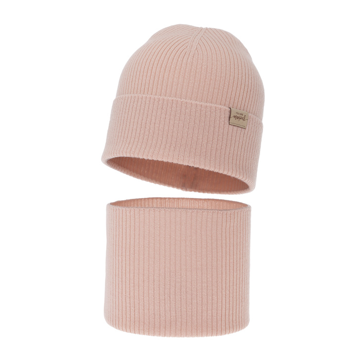 Есенен/пролетен комплект за момиче: шапка и тръбен шал, кремов, 100% Extrafine Merino, Magenta