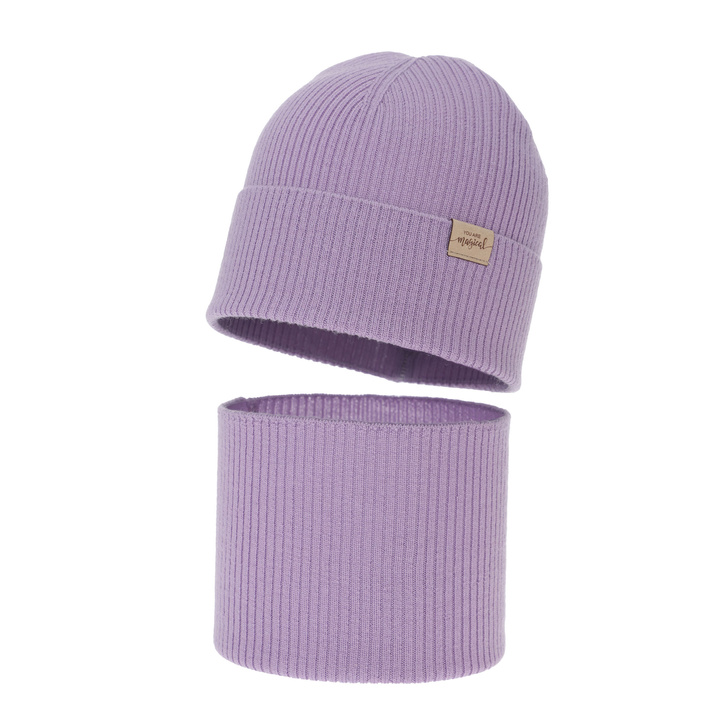 Есенен/пролетен комплект за момиче: шапка и тръбен шал, лилав, 100% Extrafine Merino, Magenta