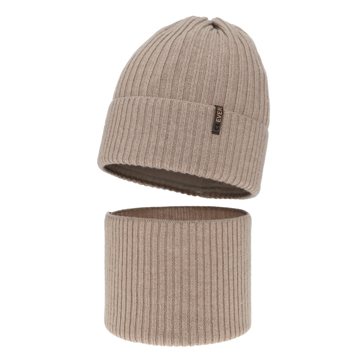Зимен комплект за момче: шапка и шал, бежов, 100% Extrafine Merino, Gizmo